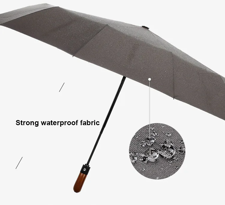 Strong Windproof Good Quality Sunscreen Support Custom Logo Printing Automatic Open 3 Fold Wooden Handle Umbrella