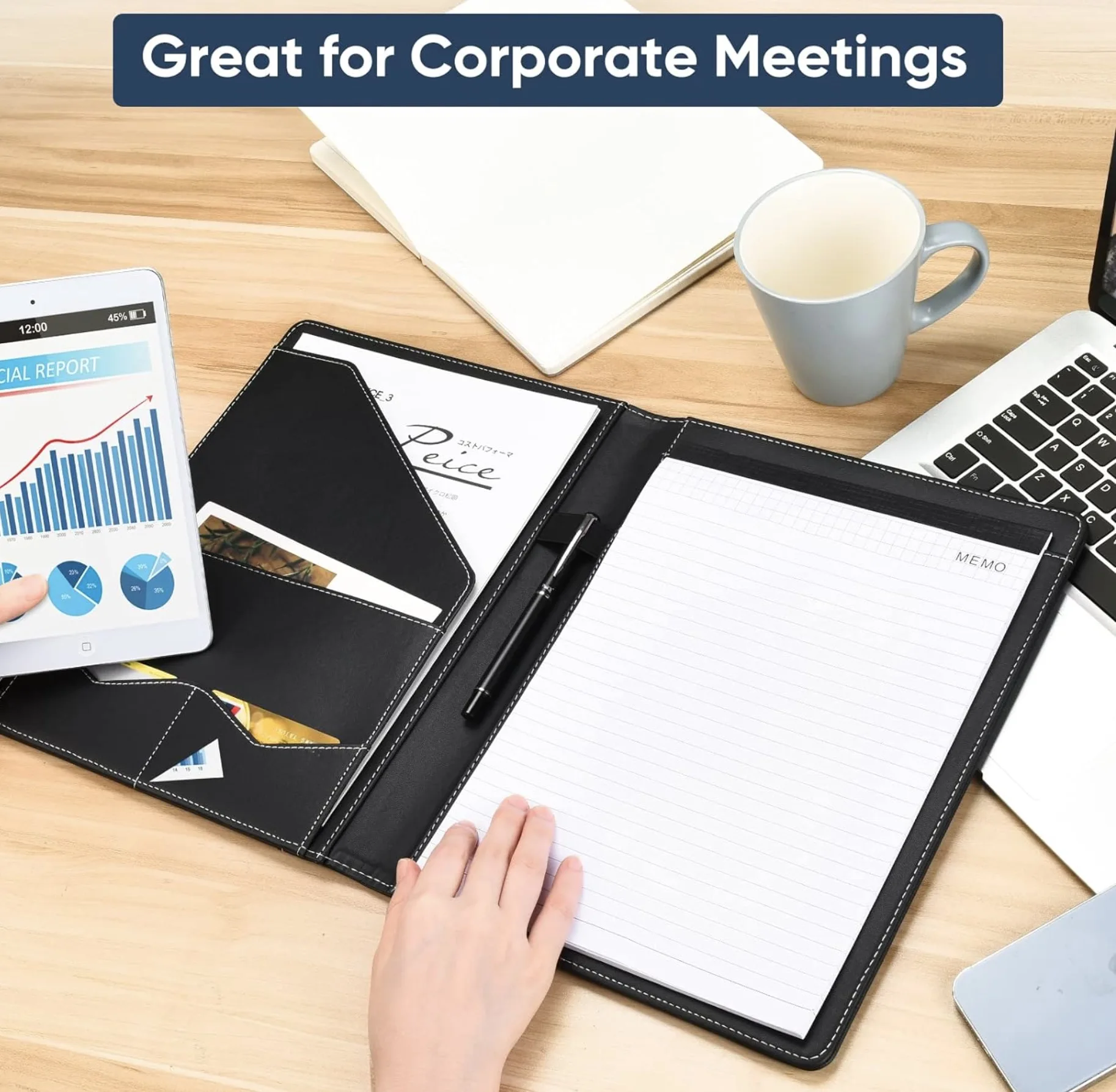 A4 PU Leather Padfolio Folder with Clipboard Pen Holder and Card Case-File Pockets Product