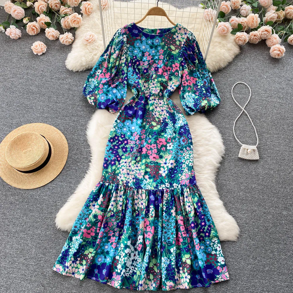 2022 vintage print dress for women puffed sleeves high waist temperament long skirt fish tail dress