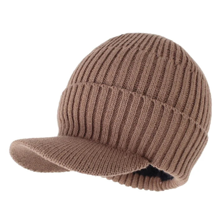 Mens Outdoor Hat Winter Warm Thick Knit Beanie Hat with Visor Beanie with Brim
