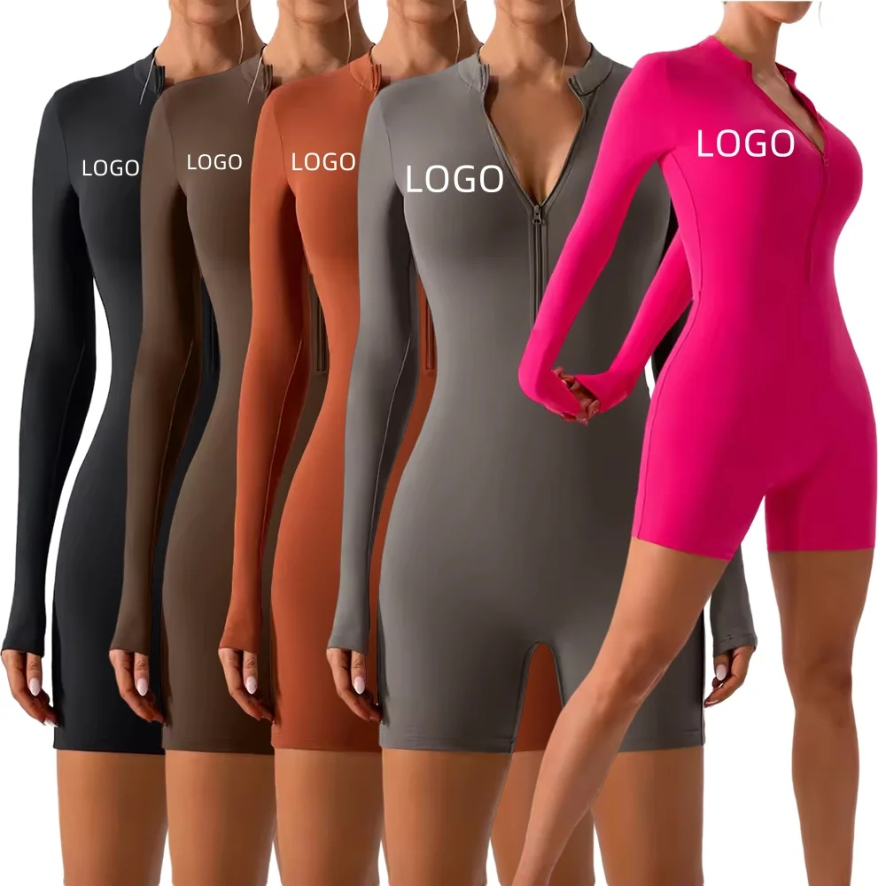 Custom Logo One Piece Yoga Shorts Jumpsuit Half Zip Long Sleeve Fitness Wear Sports Sexy Tight Yoga Clothes Jumper for Women