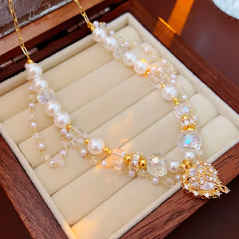 Diamond Heart Pearl Necklace Handmade Crystal Rhinestone Pearl Necklace Gold Plated Love Heart Zircon Water Drop Necklace