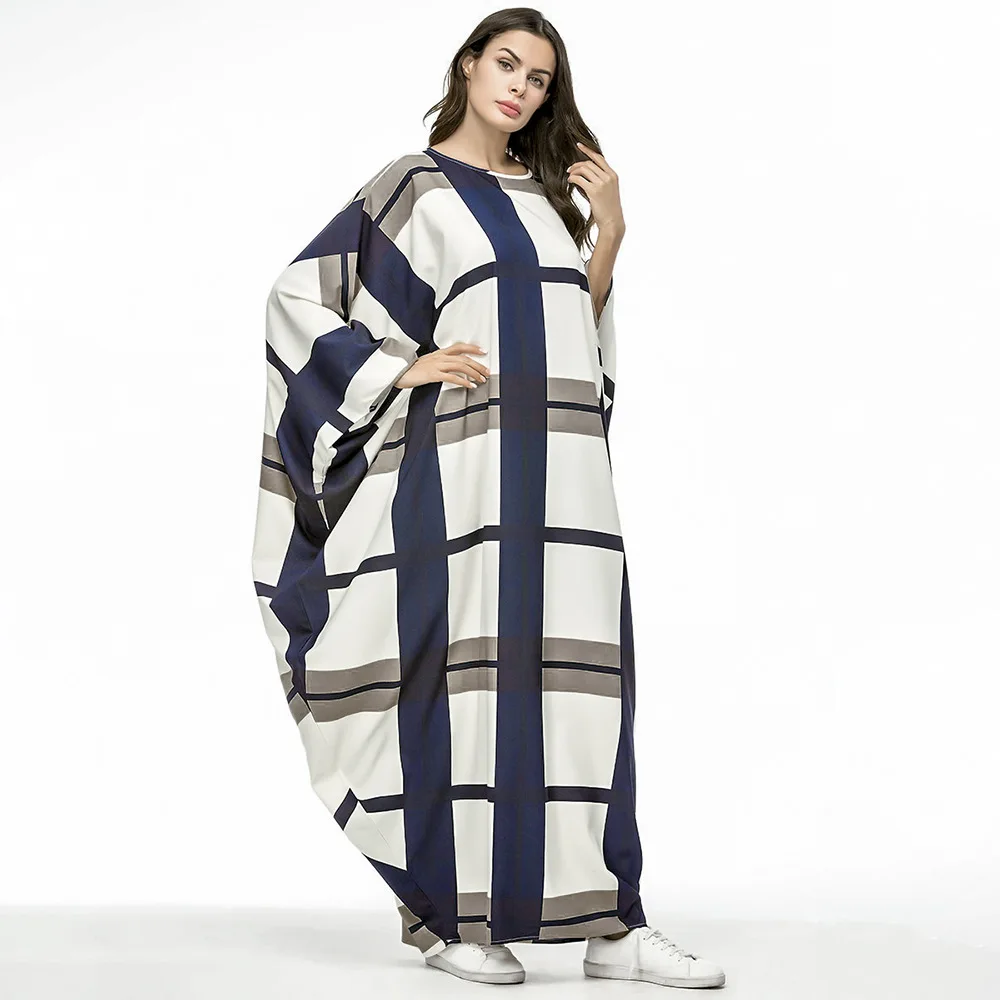 Middle Eastern Muslim Bat Sleeve Loose Panel Plaid Robe Latest Abaya,Kaftan Abaya,Muslim Dress And Kimono