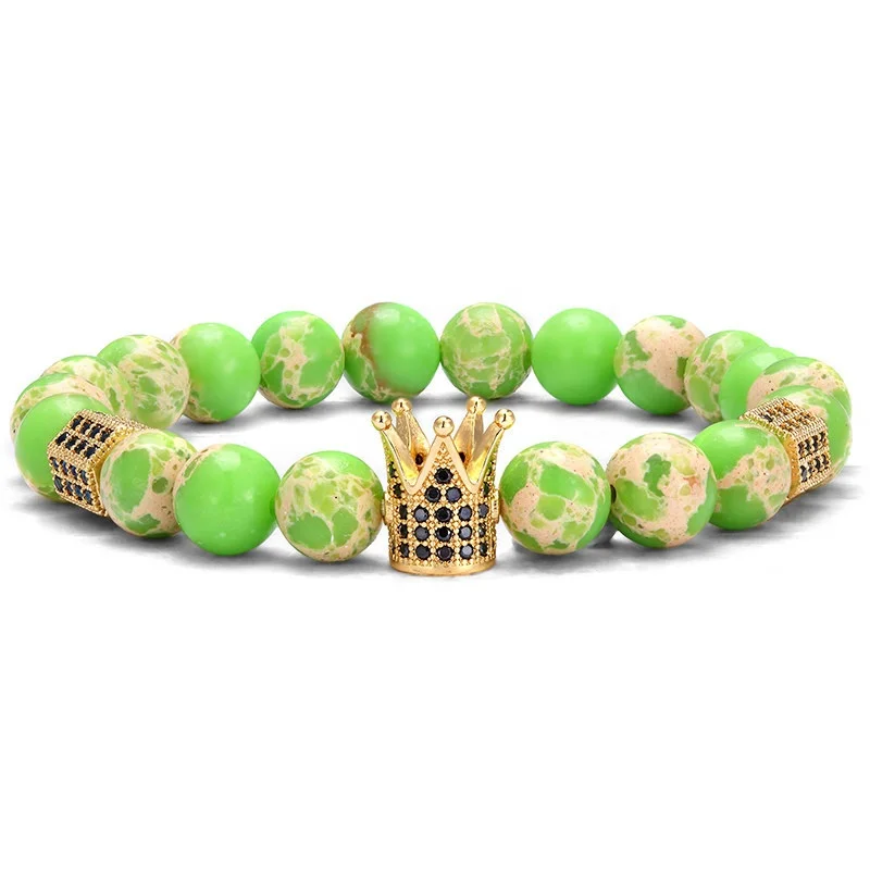 Factory Sale Fashion Jewelry Silver Plated Brass Crown Bead Natural Stone Imperial Jasper Beaded Bracelets