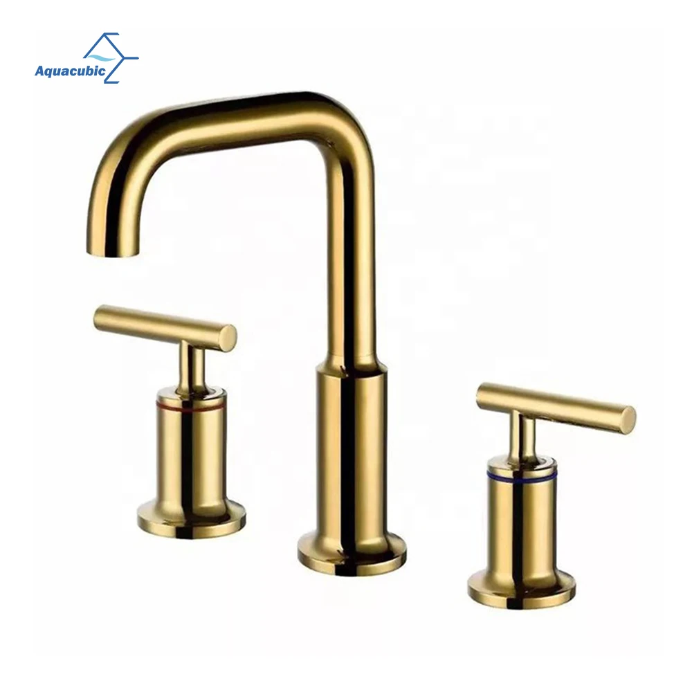 Aquacubic luxury cUPC lead-free Brushed Gold Brass Deck Mount 8 inch 3 holes lavatory Basin Faucet