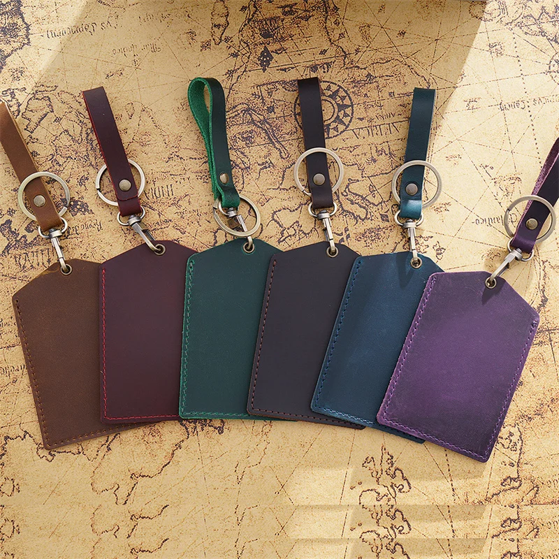 Hot Selling Handmade Genuine Leather Card Holder Crazy Horse Badge Holder With Keychain Card Holder