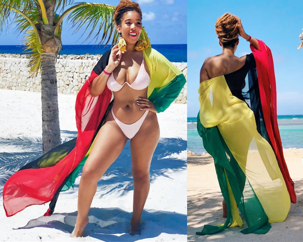 WoYing Boho 4 colors splice Bikini Cover Up 2020 Women Casual Long Dress Beach Bathing Suits