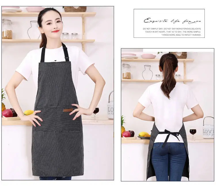 Logo Custom Wholesale Unisex Cooking Bib with 2 Pockets Vintage Ticking Stripe Pattern Red White Bakers Apron