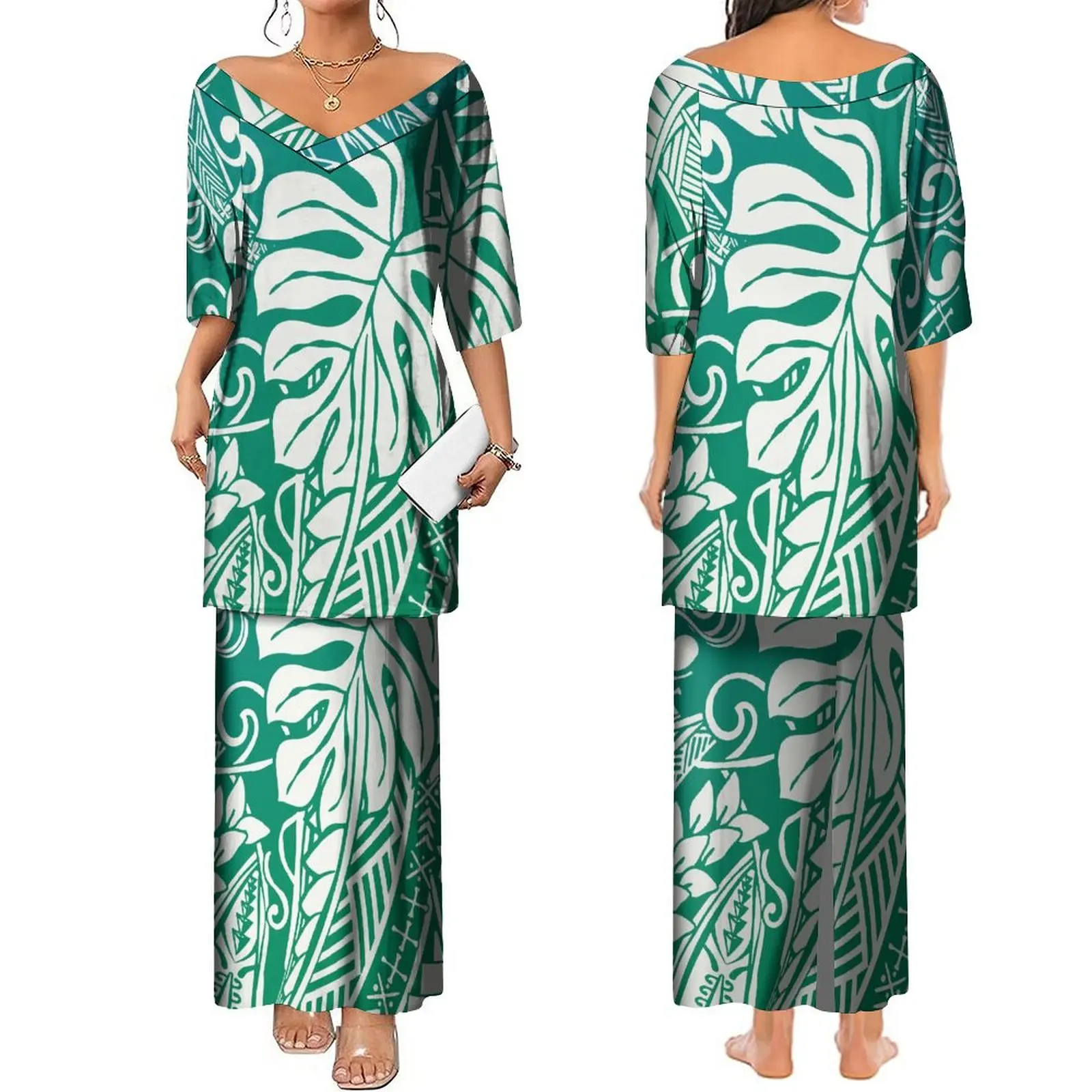 New Arrival Monstera Leaf Print Polynesian Tribal Samoan Puletasi Ptaha Custom V Neck Top And Skirts Womens 2 Piece Set Dress