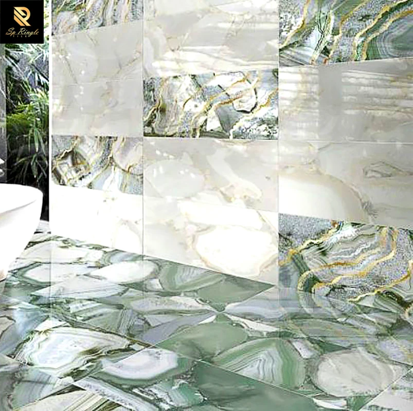 Springletile gold marble look tiles jade floor ceramic living room vitrified Polished interior wall agate stone tiles for Villa