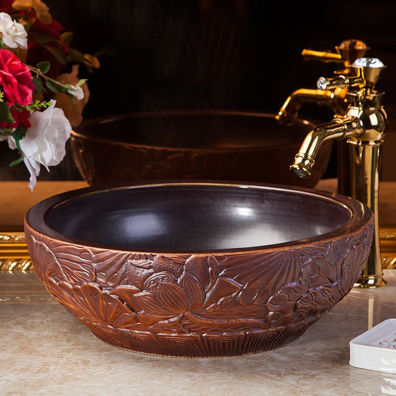 Europe Style Handmade Engraved Blocks Porcelain wash basin Countertop Lavabo Round Sink Bathroom Basin