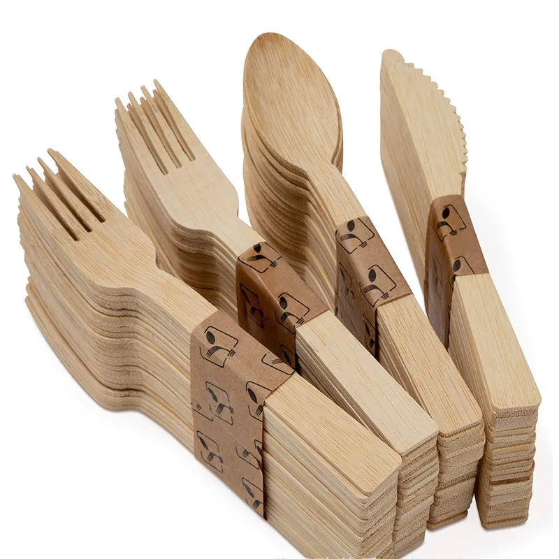 Disposable Bamboo Picnic Utensil Set Bamboo cutlery set 50 Forks 25 Spoons 25 Knives Camping Party Supplies Wooden Utensils