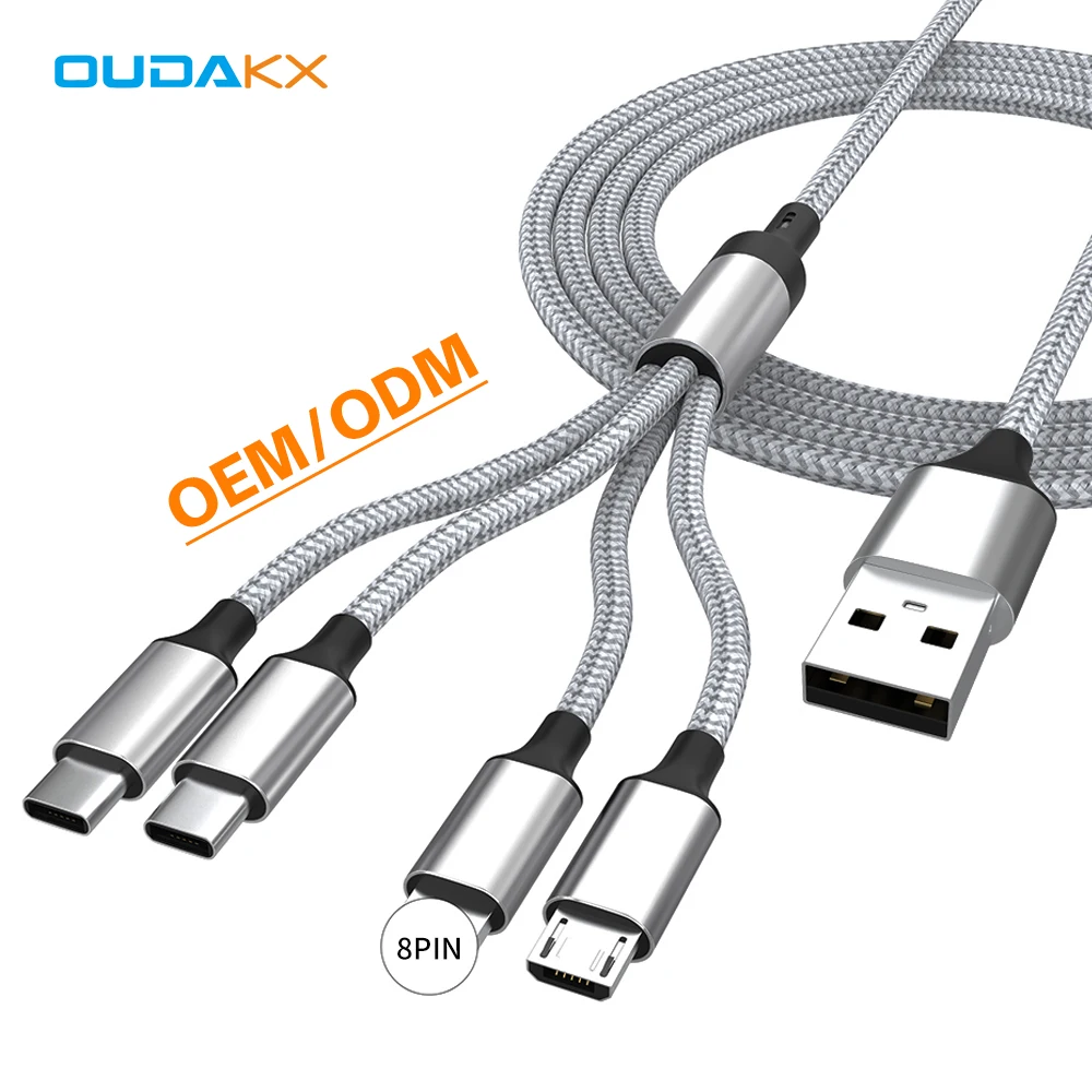 Multifunction 4 IN 1 Fast Charging Cable Dual C Type Charger Braided Nylon Micro USB 8PIN Data Cable for Cell Phone Accessories