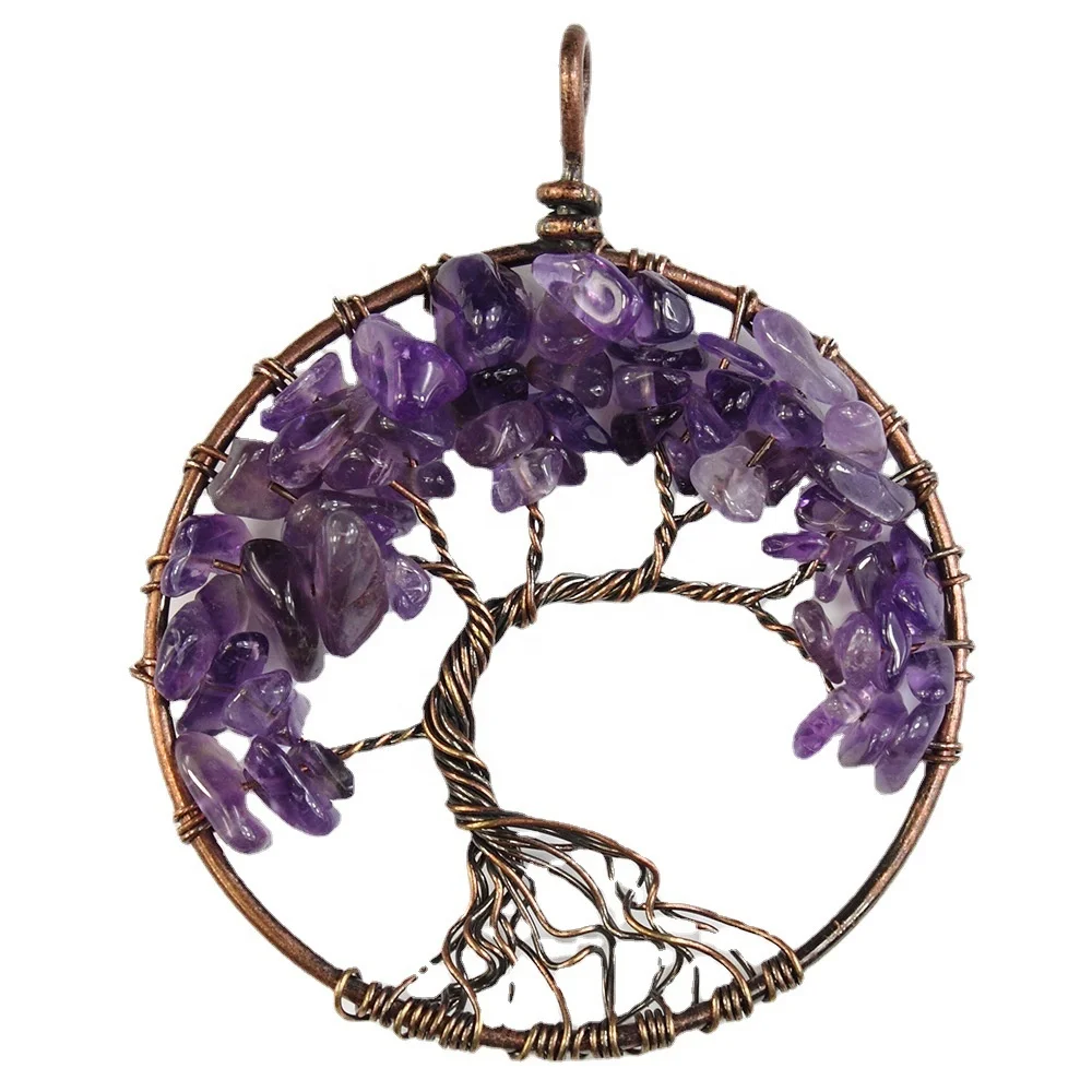 Tree of Life Pendant Amethyst Rose Crystal Necklace Chakra Healing Crystal Wire Wrapped Pendant Jewelry