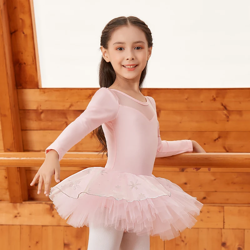 Autumn Winter Girls Gymnastics Dance Dress Long Sleeved Ballet Short Skirt with Back Tie Sequin Sheer Tight Fitting for Children