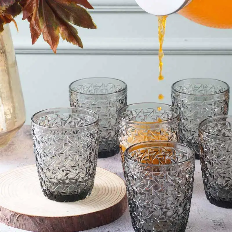 Embossed Palace Style Thickened Smoke Gray 300 ml 10 oz Juice Glass Cup Soda Lime Glass Stemless Drinkware