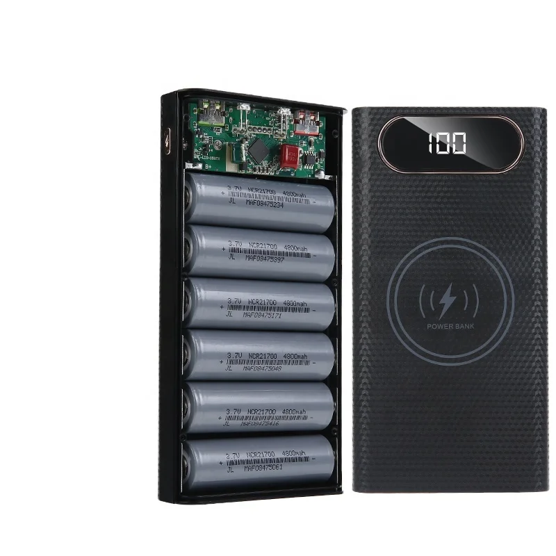 Wireless charging 15W mobile power supply enclosure pcba nesting 6 cell 21700 battery diy solder-free shell without battery