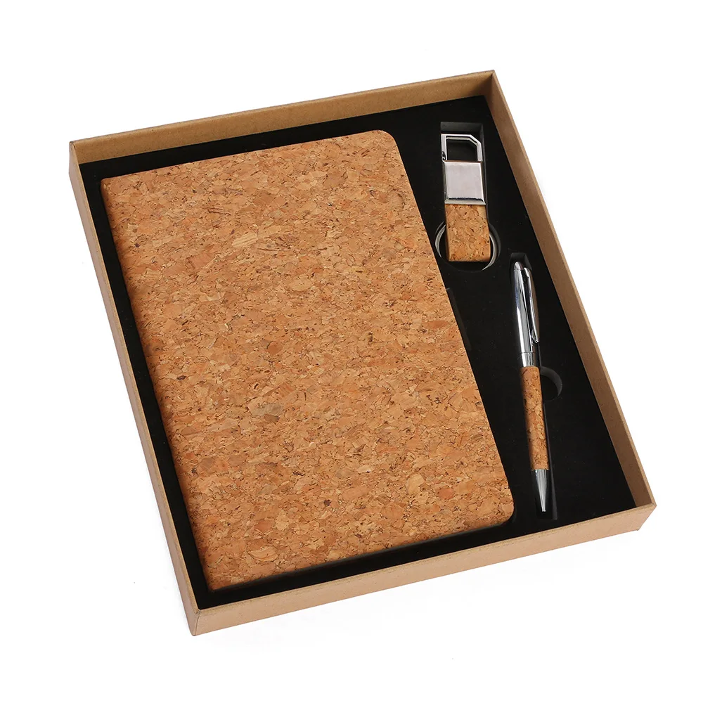 WHOLESALE PROMOTIONAL LASER ENGRAVING LOGO A5 CORK COVER NOTEBOOK METAL PEN KEY CHAIN IN GIFT BOX FOR OFFICE BUSINESS GIFT SET