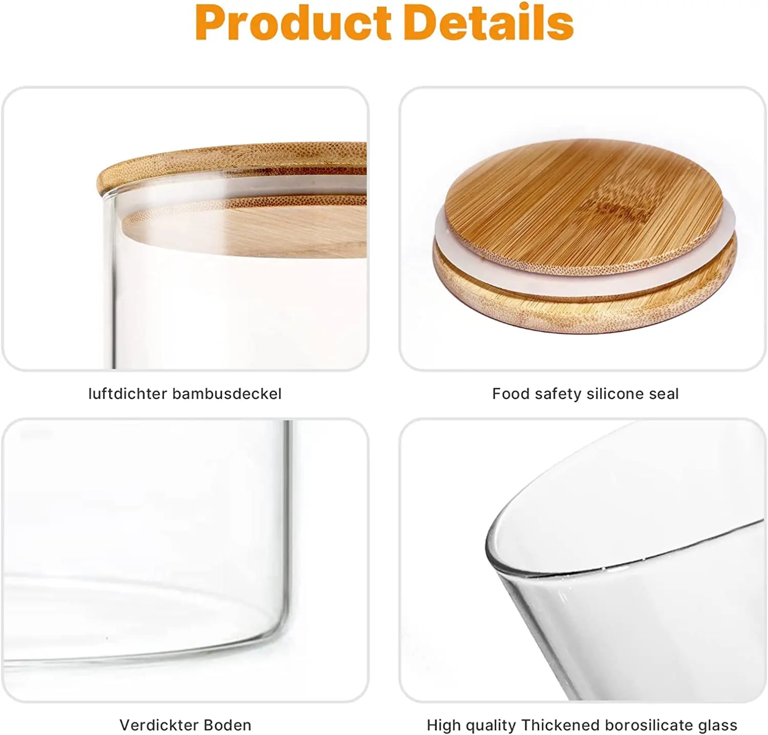 wholesale high borosilicate glass jar Bamboo or wooden lid 300/350/450/500/600/750/900/1000/1100/1500ml
