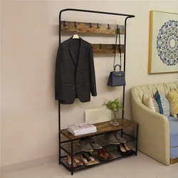 Metal Frame Hall Tree Stand Industrial Hallway Coat Tree Wooden Coat Rack With Shoe Storage