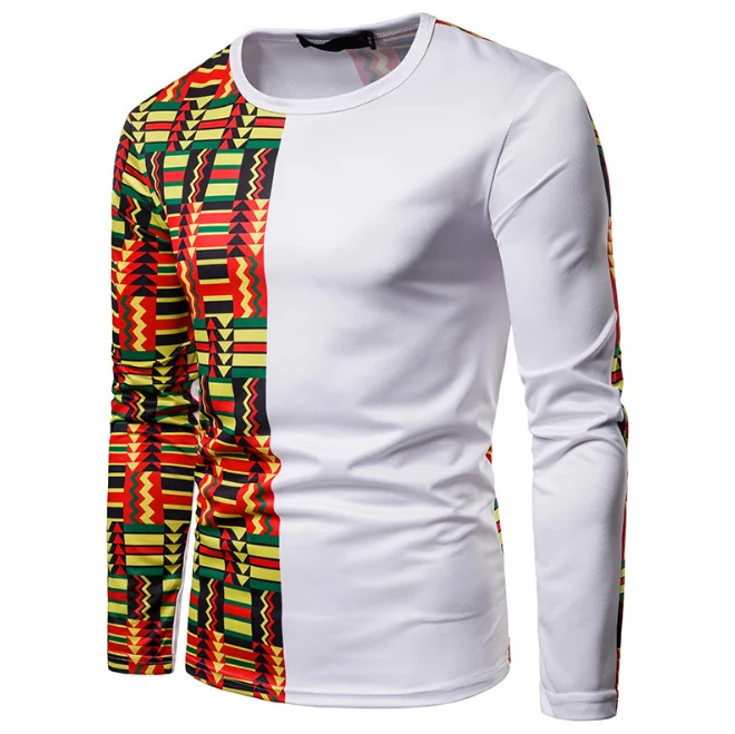 New Fall Ethnic Costume Tops Wear Clothes 3D Printed Plus Size Round Neck Long Sleeved White Africa Men T-shirt