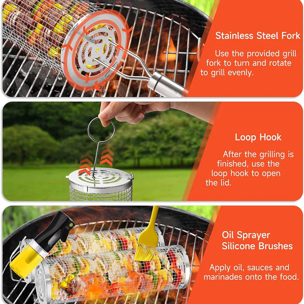 Outdoor Picnic Round Stainless Steel Barbecue Grill Mesh Rolling BBQ Grill Basket for Vegetables Fish Meat