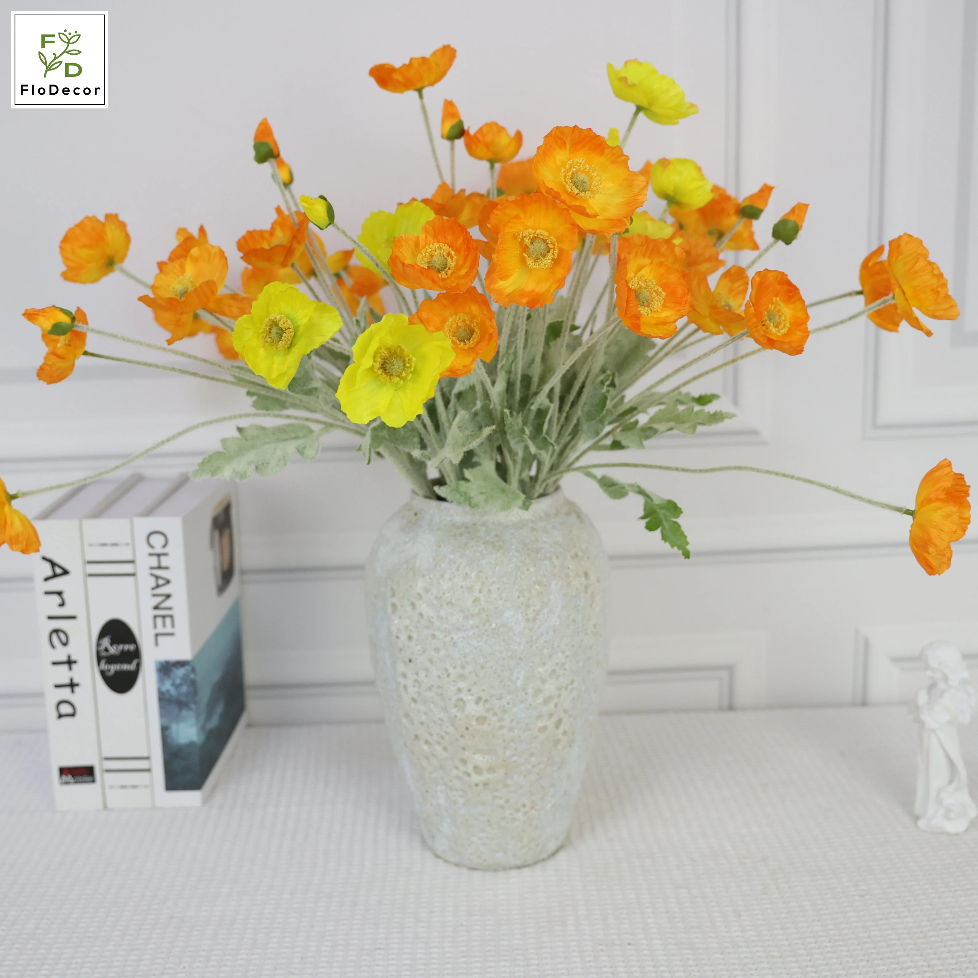 Artificial Silk Poppy Flower Flocked Stem Foldable Home Decoration Table Center Piece Wedding Pink Red Orange Cream