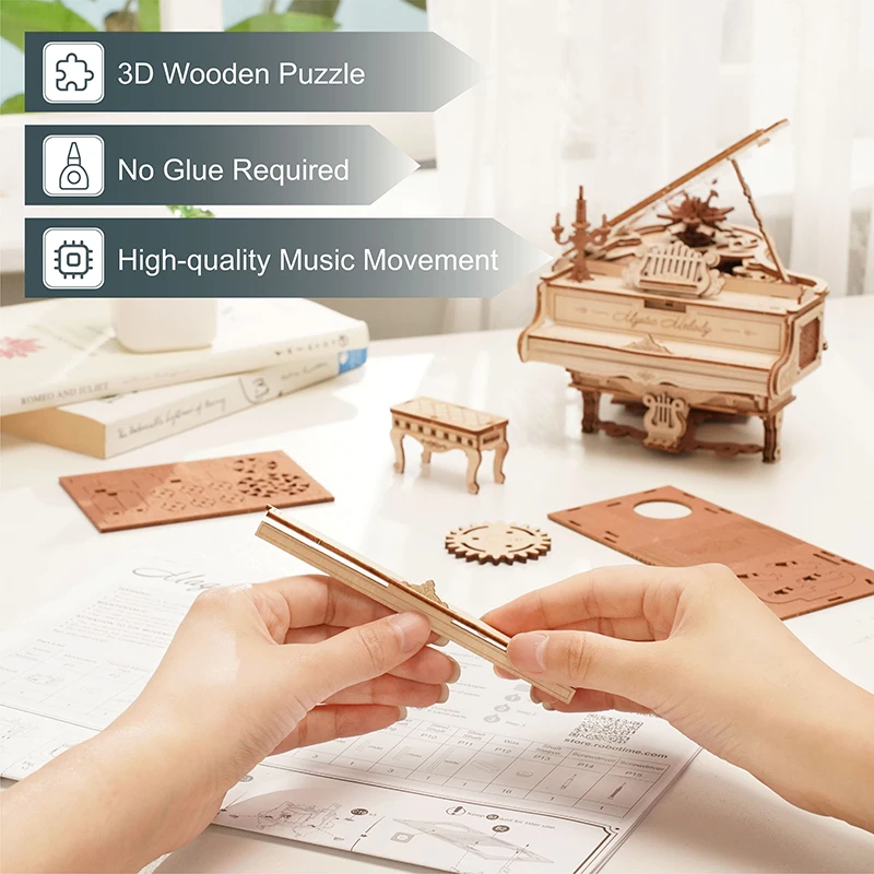 Robotime Rokr Wooden Toys Mechanical Music Box AMK81 Magic Piano Model Kit 3D Puzzles For Adults