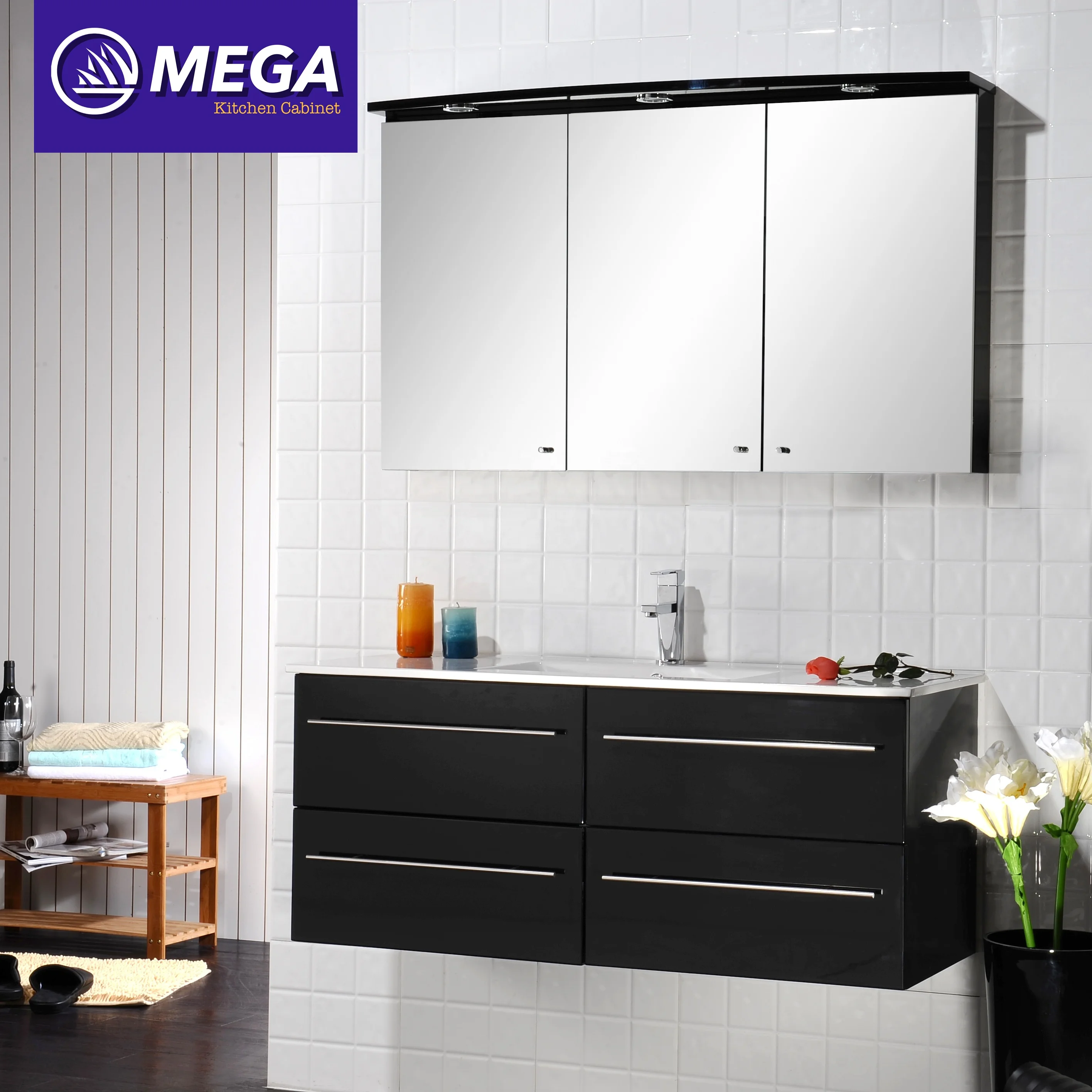 Modern MDF Wall Hanging Single Sink Antique Commercial Mirrored Bath Cabinet Bathroom Vanity Units Set