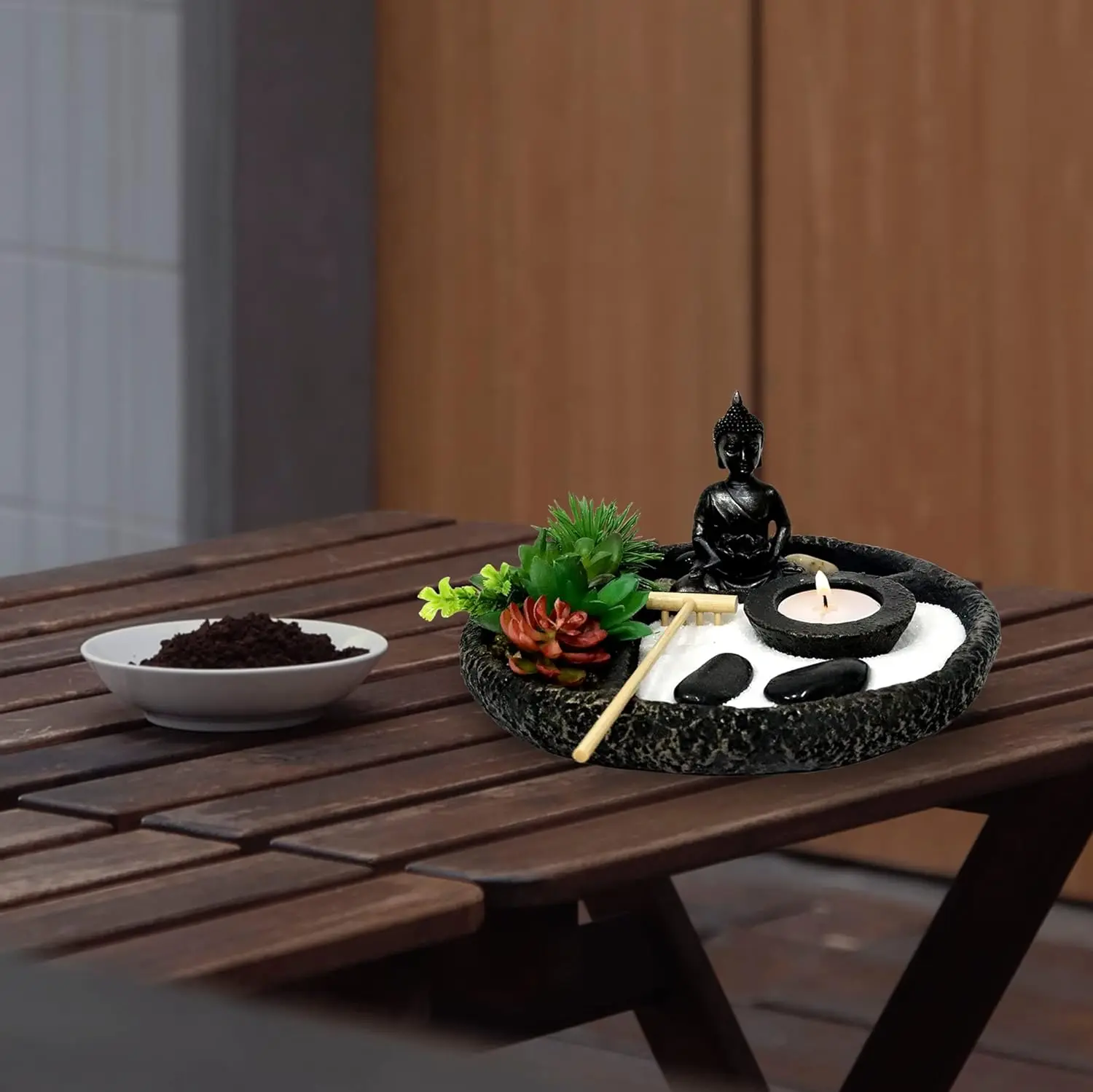 Zen Garden Desk Kit 8x8 Inches Tray Natural Sand Lotus Buddha Figures Rake Japanese Mini Meditation Decor Resin Crafts Gift