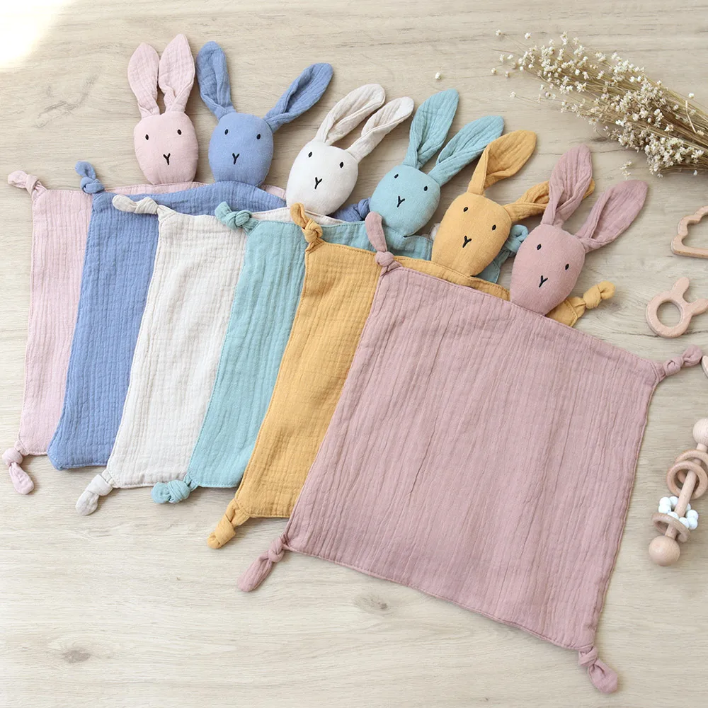 20232 New 100% cotton Gauze Ins Hot Sale Rabbit Bunny Head Toy Baby Lovey Baby Comforter Muslin Security Blanket