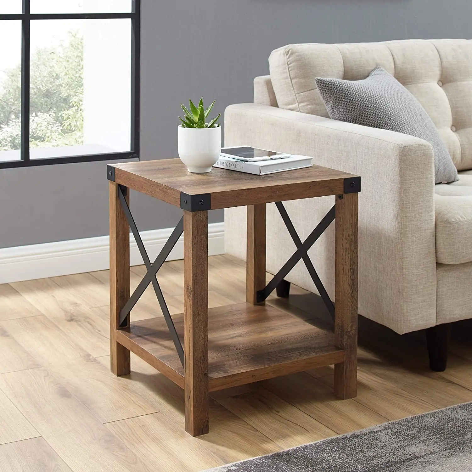Vonssen Rustic Oak Modern Farmhouse Metal X Side Table
