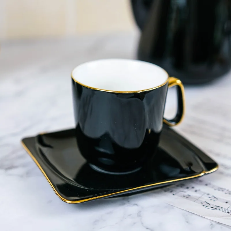 Hot Sale Nordic Ceramic Tableware And Tea Sets vintage tea cup set 27 pcs Gold Rimmed Royal Black Ceramic Tea Cups Set
