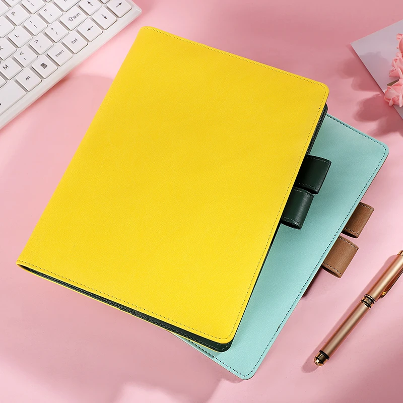 Fashion PU leather cover refillable custom 6 Ring binder A6 loose leaf leather journal diary notebook with pen holder