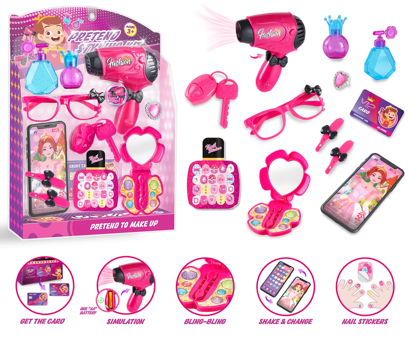 Kids Pretend Play Makeup Set for Birthday Christmas Girl Princess Play House Dress Play Game Girls Beauty Salon Set
