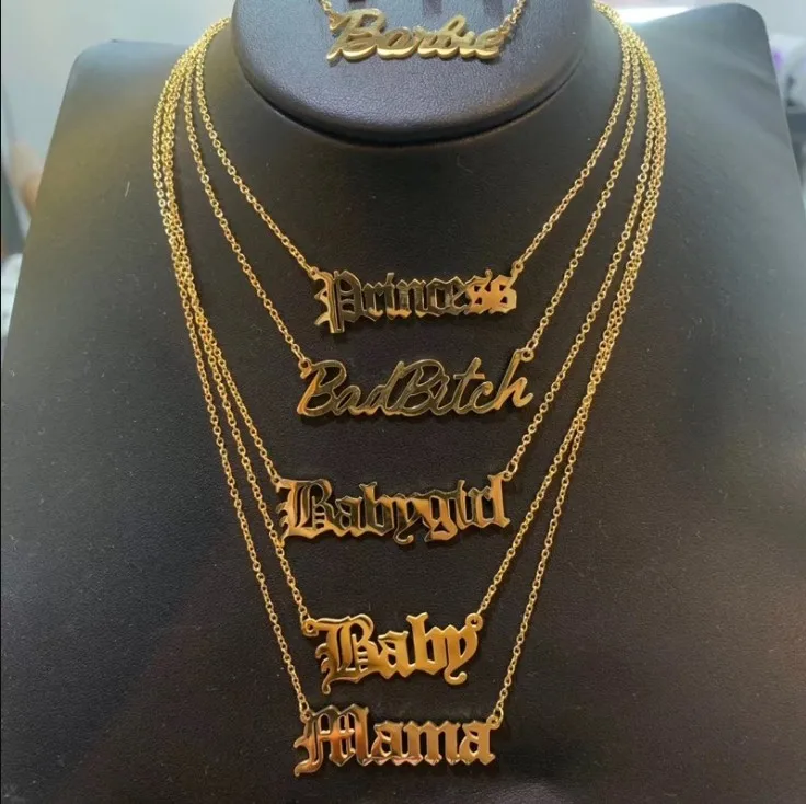
Old English Letter Men Gold Stainless Steel Name Necklace 