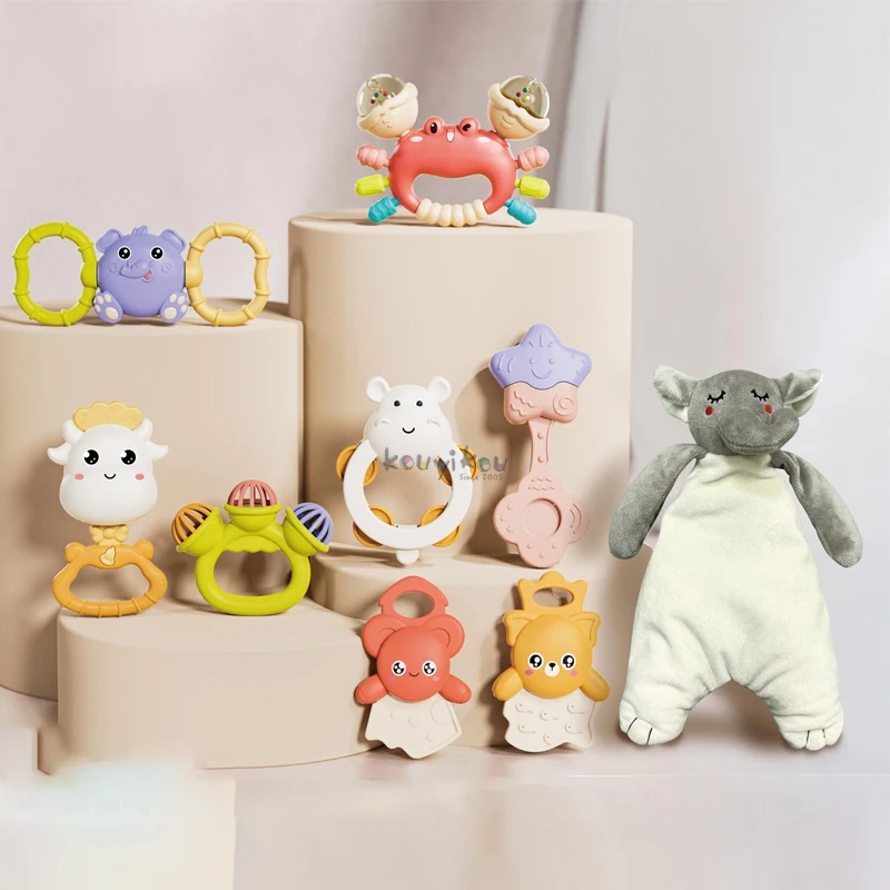 kyk Eco-friendly Material Gift baby playing set Plastic Ring Beads Silicone Baby Teeth Rattle Baby Teething Gift Toy Set