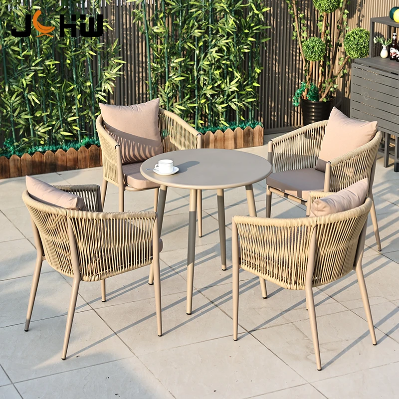 2024 hot sell woven rope outdoor stackable aluminum frame metal patio garden dining chair with waterproof cushion