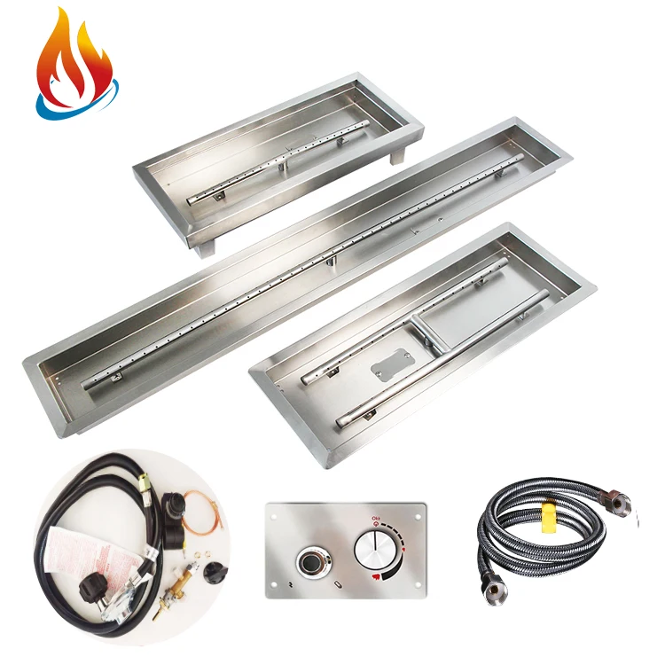 Outdoor rectangle tile top propane gas fire pit table with rectangle stainless steel dropin fire pit pan