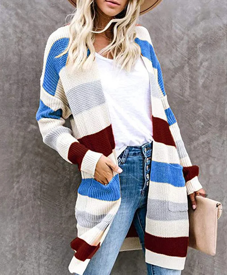 D3735 Private Label Women Pocket Stripes Causal Plus Size Long Sweater Cardigan