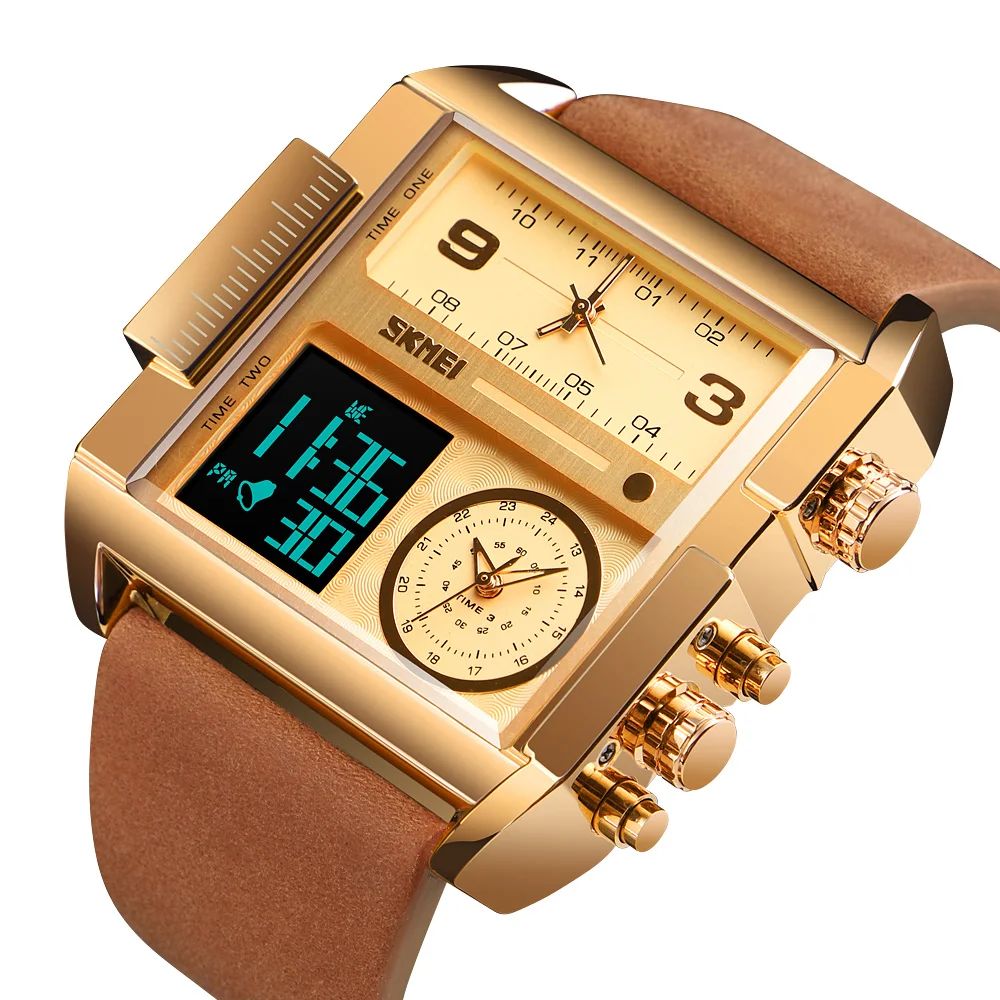SKMEI 1391 Brand Gold Big Dial 3 Times Watches Men Luxury Stainless Digital Watch