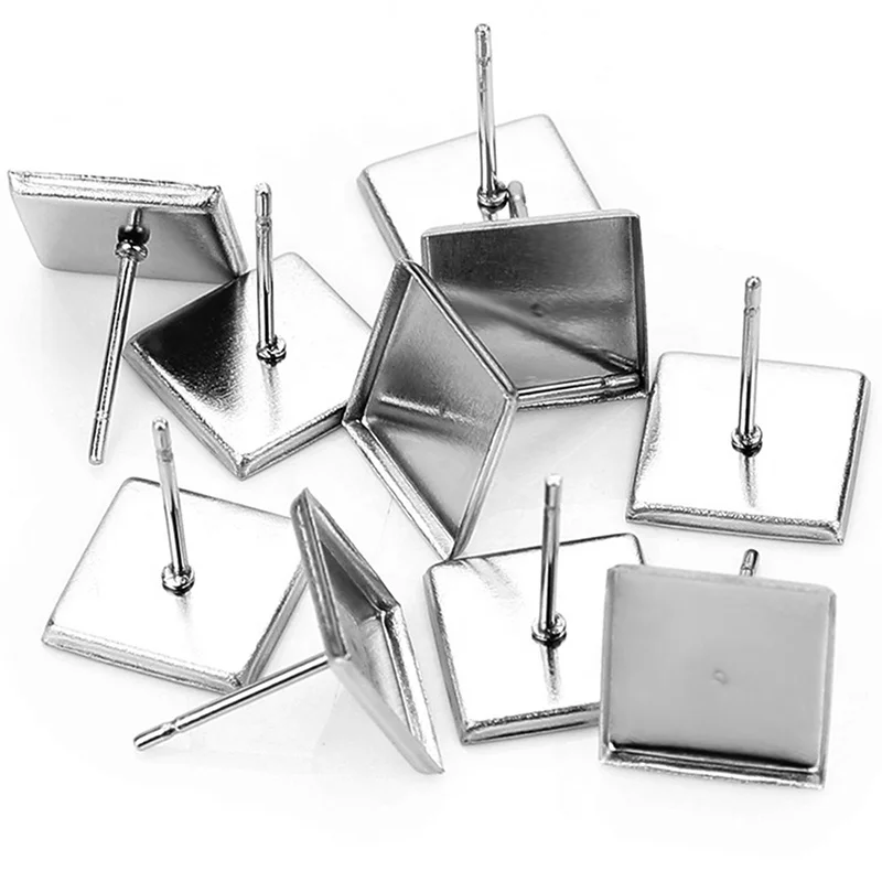 Stainless Steel Square Ear Studs Fashionable Woman Earrings Accessories Blank Base Fit 9.8mm Cabochon Glass DIY Jewelry Making