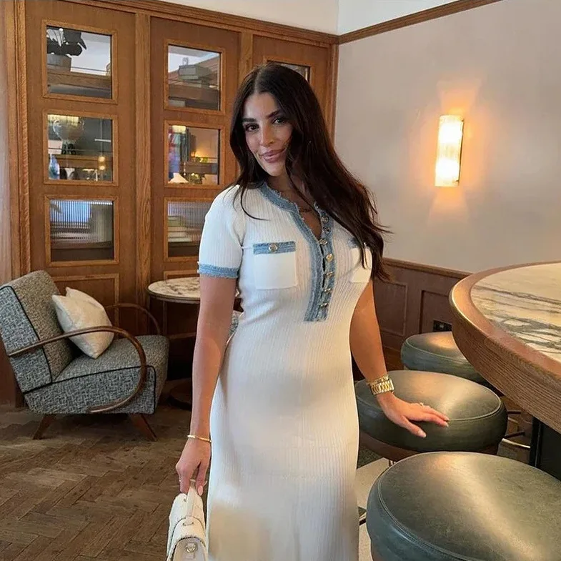 2024 New Popular Women Fashion Clothes Wholesale Denim Patchwork Knitted Long Skirt Tight Fitting Short Sleeved Midi Dress Lady