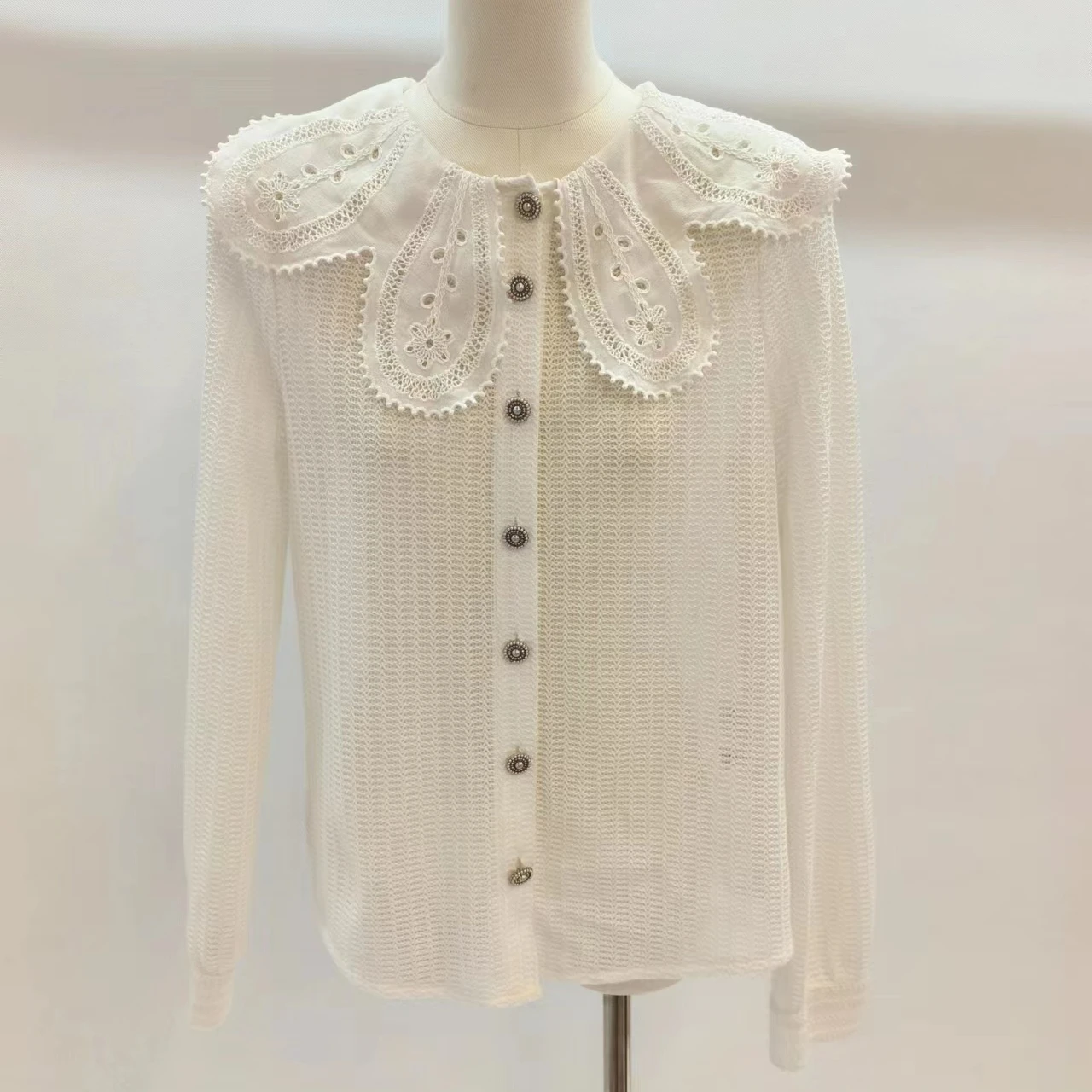 women cotton crochet with lace collar cardigan