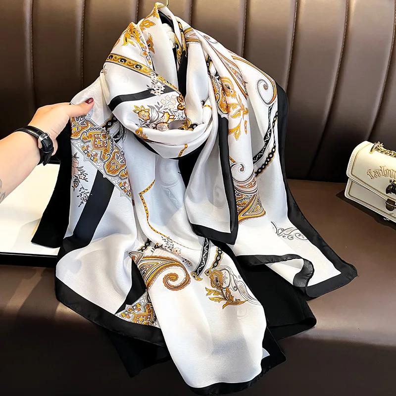 Wholesale Custom Digital Printing long Silk Scarves satin Scarf Printed Logo Women Head Satin Scarves