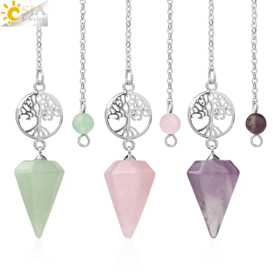 CSJA hot selling natural amethyst stone reiki tree of life pendant crystal dowsing pendulums amulet jewelry G718