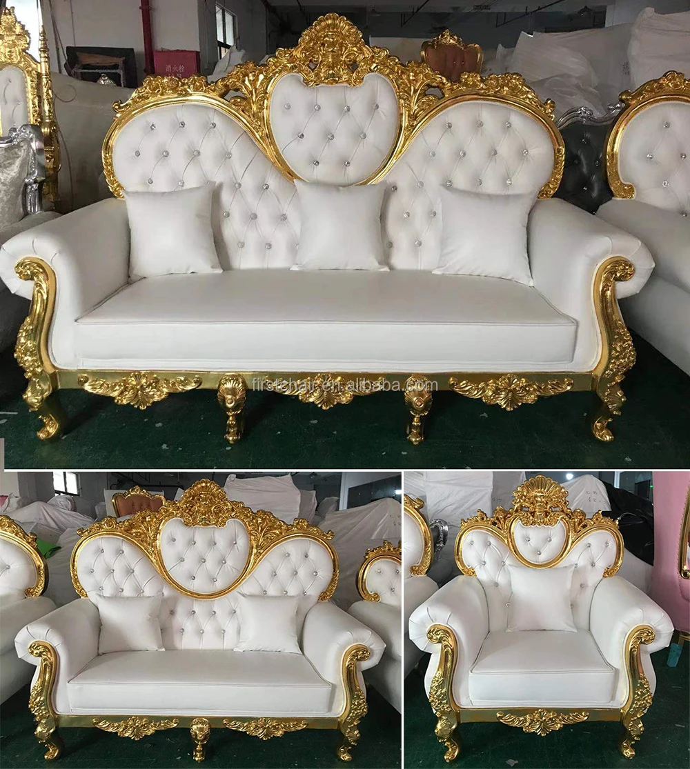 Wholesale High-Density Soft Cushion Gold Frame Fiberglass Banquet Throne Party Event Wedding Sofa for Living Room Use