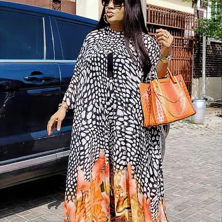 Loose Long Pants 2 Piece Set Abaya Dubai Muslim Oversize Open Kaftan Robe Gown African Women Chiffon Print Cardigan Maxi Dress