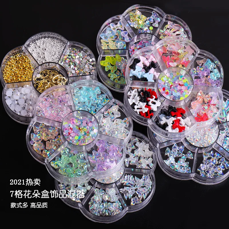 7 grids plum Resin Cream 3d nail jewelry bow flower cartoon steel ball bear heart set flat back complete Nail Art Charm kit