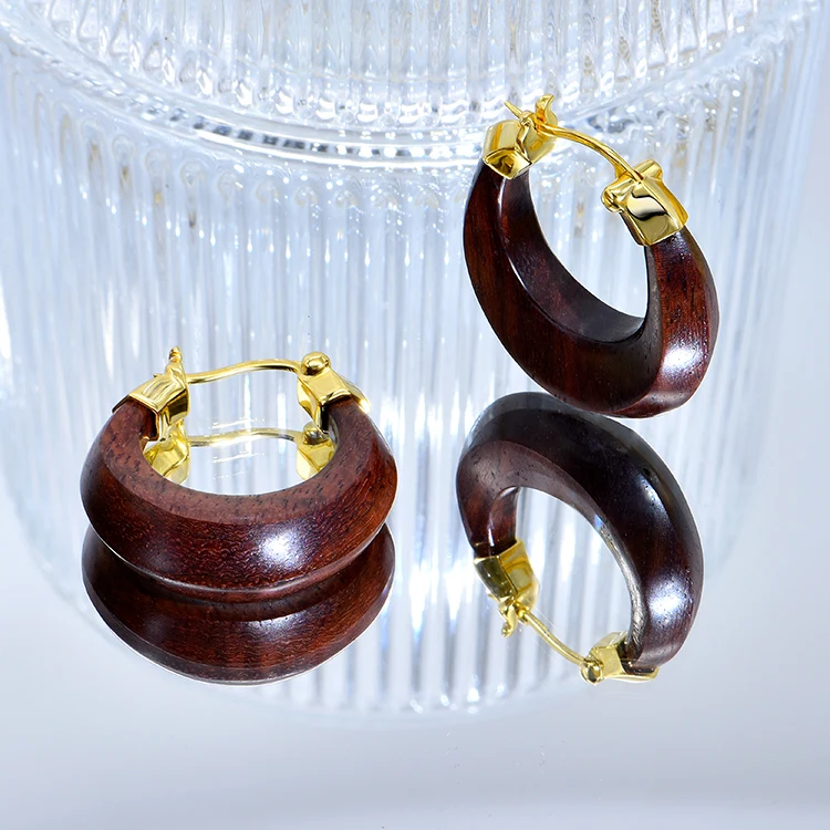 ChinChin Famous Brand Chunky Vintage Style Earrings Hoop Bezel Jewelry Brass 18k Gold Plated Red Ebony wood Hoop Earrings
